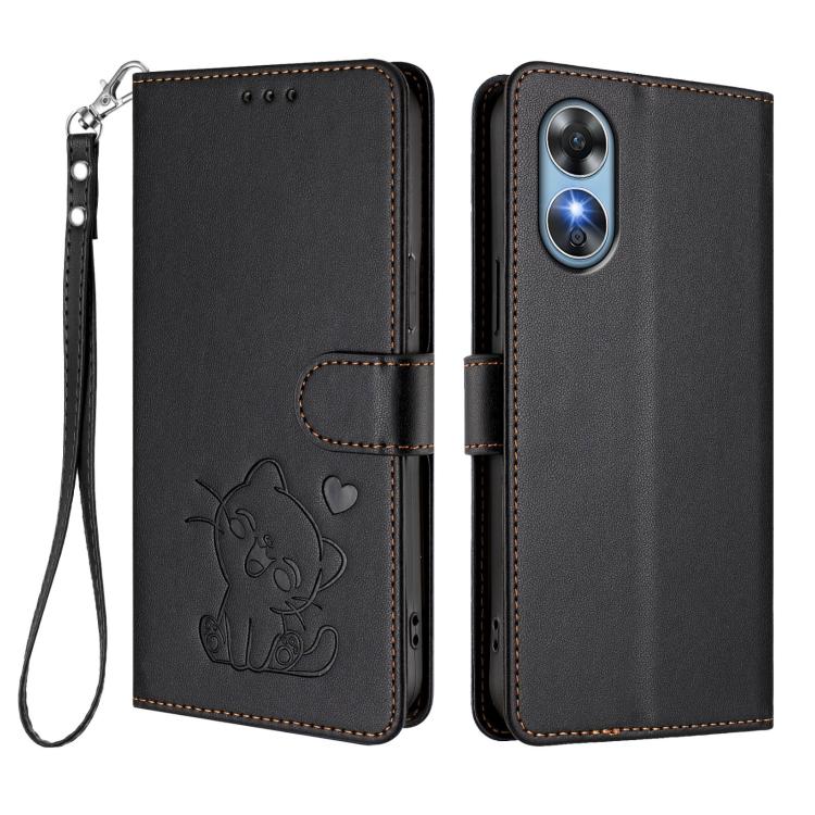 For OPPO A17 4G Global / A17k Embossed Heart Cat Leather Phone Case with Hand Strap