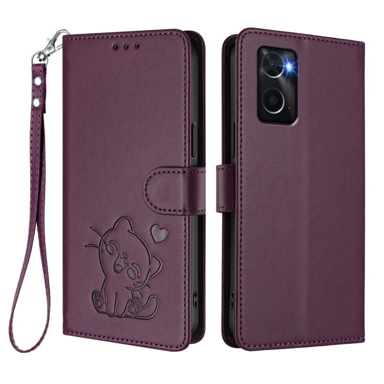 For OPPO A36 / A76 / A96 / K10 4G Embossed Heart Cat Leather Phone Case with Hand Strap