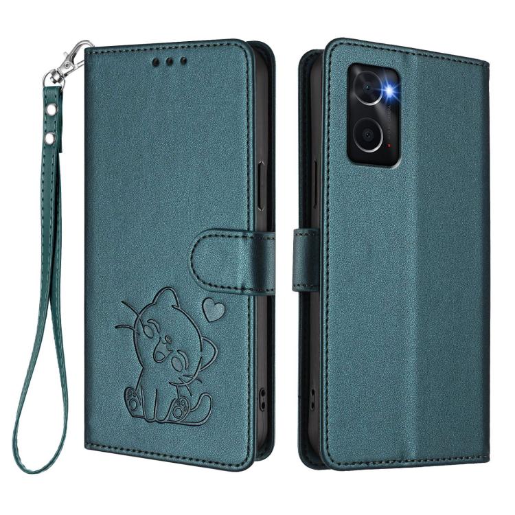 For OPPO A36 / A76 / A96 / K10 4G Embossed Heart Cat Leather Phone Case with Hand Strap