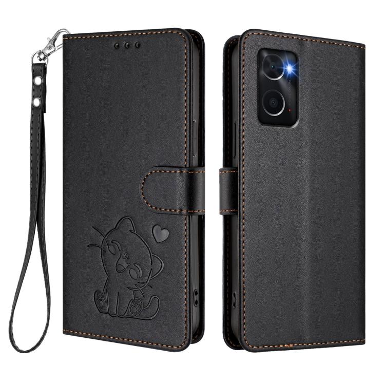 For OPPO A36 / A76 / A96 / K10 4G Embossed Heart Cat Leather Phone Case with Hand Strap