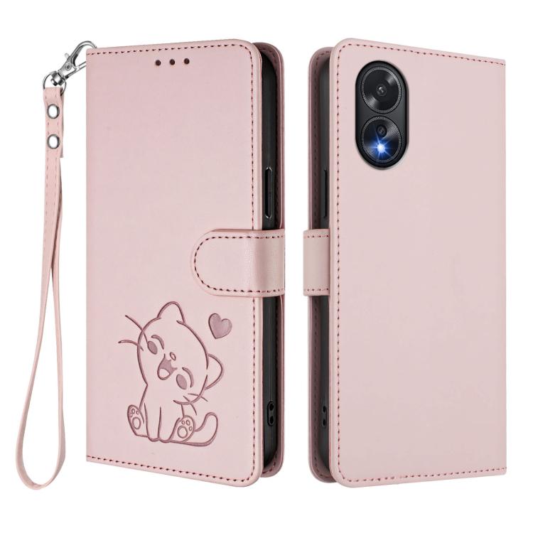 For OPPO A18 4G Global / A38 4G Embossed Heart Cat Leather Phone Case with Hand Strap