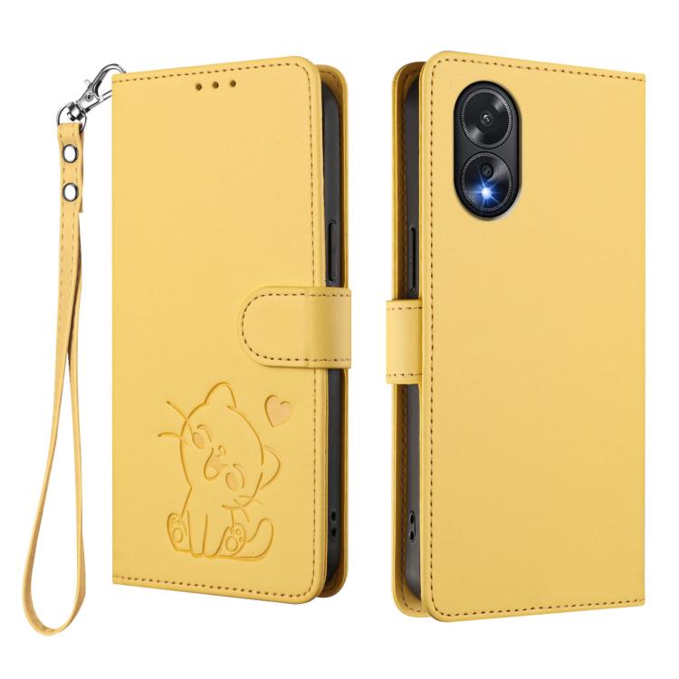 For OPPO A18 4G Global / A38 4G Embossed Heart Cat Leather Phone Case with Hand Strap