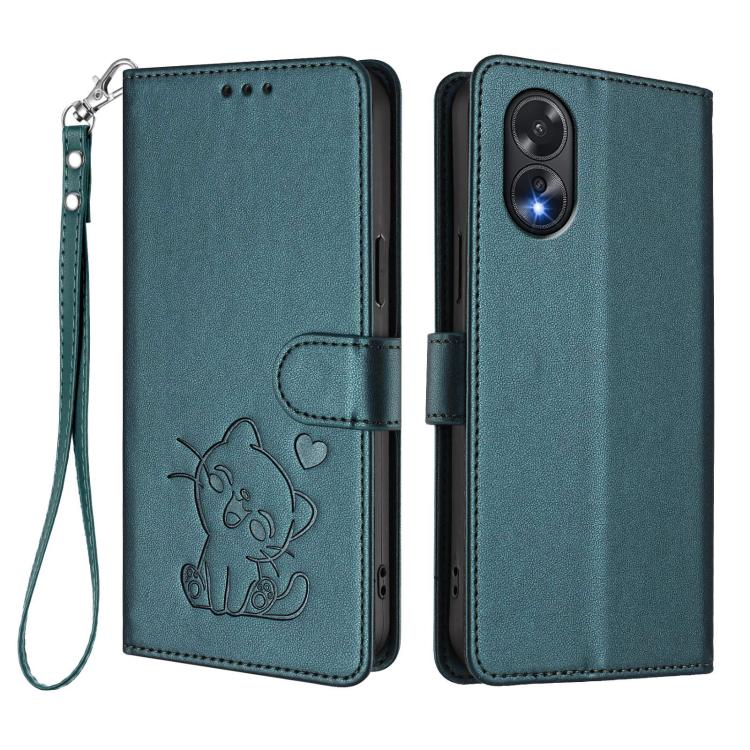 For OPPO A18 4G Global / A38 4G Embossed Heart Cat Leather Phone Case with Hand Strap