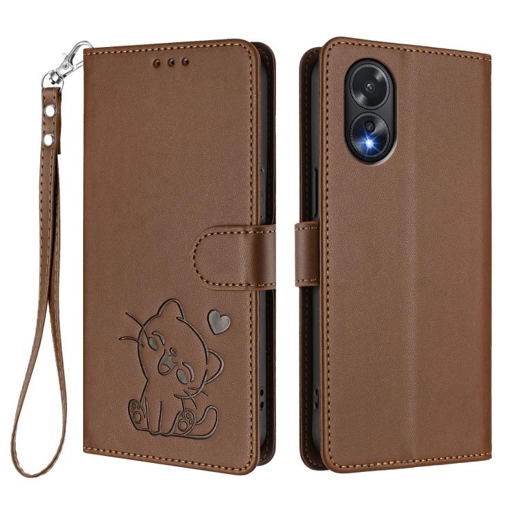 For OPPO A18 4G Global / A38 4G Embossed Heart Cat Leather Phone Case with Hand Strap