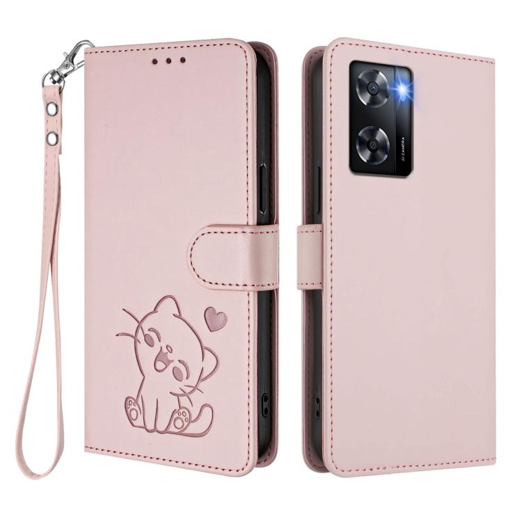 For OPPO A57 / A77 / A57s 4G Global Embossed Heart Cat Leather Phone Case with Hand Strap