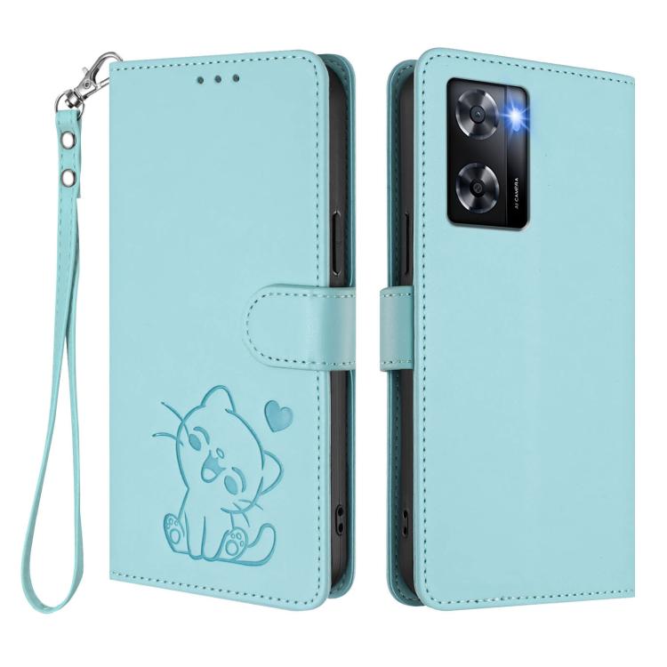 For OPPO A57 / A77 / A57s 4G Global Embossed Heart Cat Leather Phone Case with Hand Strap