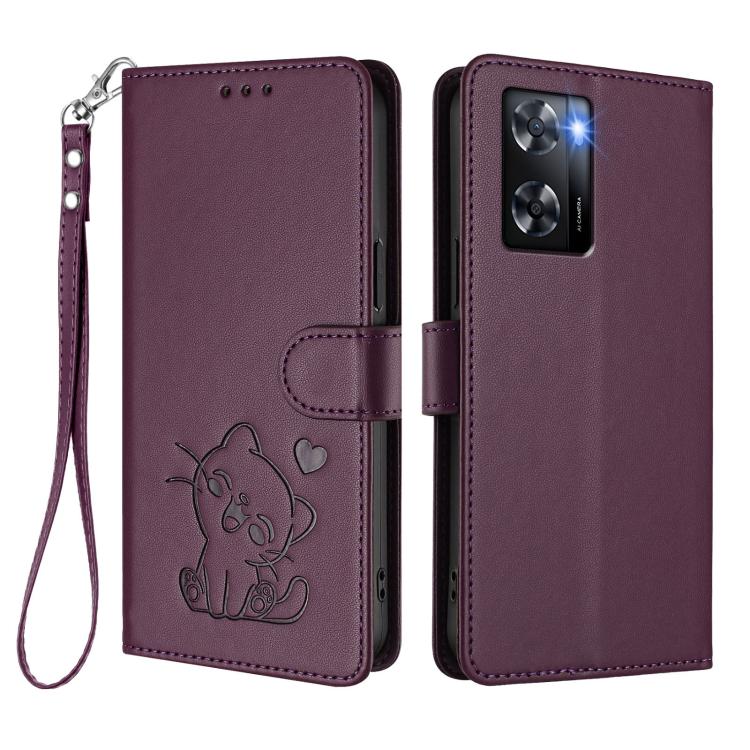 For OPPO A57 / A77 / A57s 4G Global Embossed Heart Cat Leather Phone Case with Hand Strap