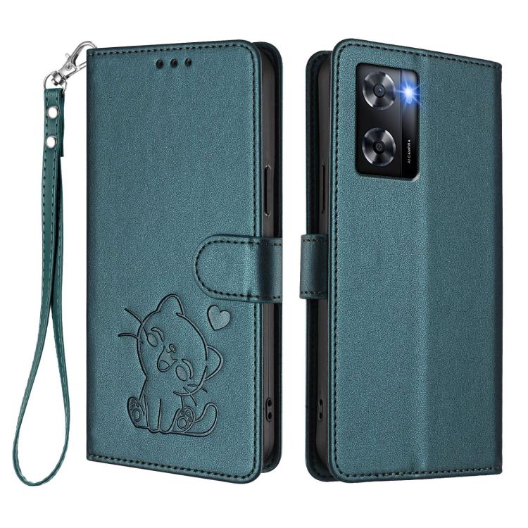 For OPPO A57 / A77 / A57s 4G Global Embossed Heart Cat Leather Phone Case with Hand Strap
