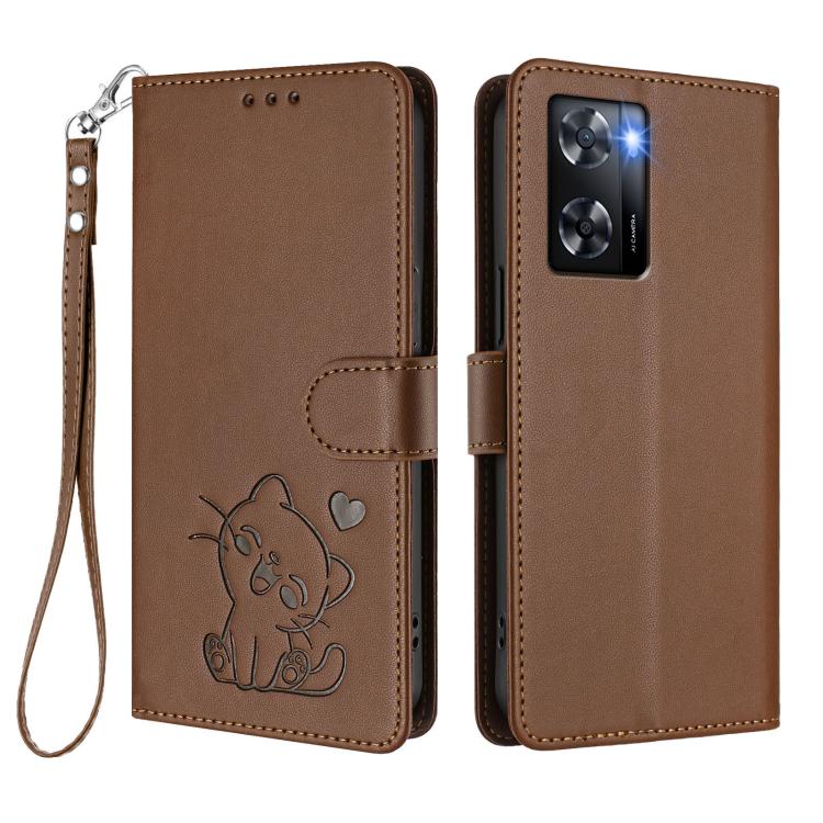 For OPPO A57 / A77 / A57s 4G Global Embossed Heart Cat Leather Phone Case with Hand Strap