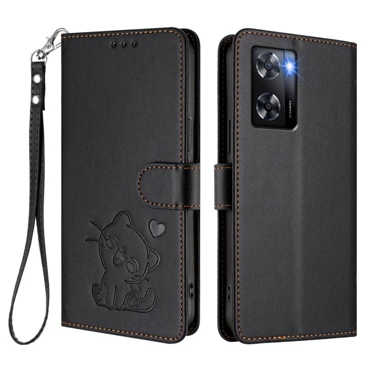 For OPPO A57 / A77 / A57s 4G Global Embossed Heart Cat Leather Phone Case with Hand Strap