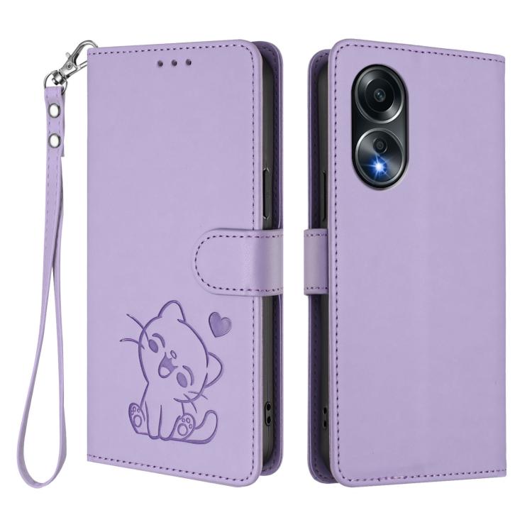 For OPPO A58 4G Global Embossed Heart Cat Leather Phone Case with Hand Strap