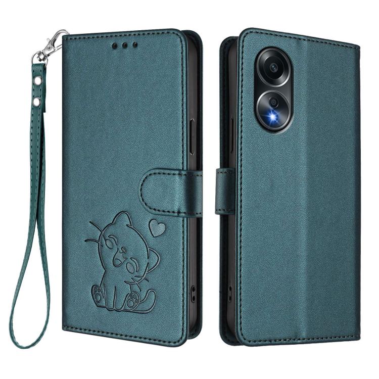 For OPPO A58 4G Global Embossed Heart Cat Leather Phone Case with Hand Strap