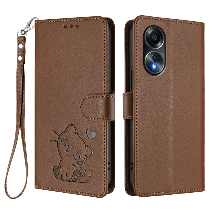 For OPPO A58 4G Global Embossed Heart Cat Leather Phone Case with Hand Strap