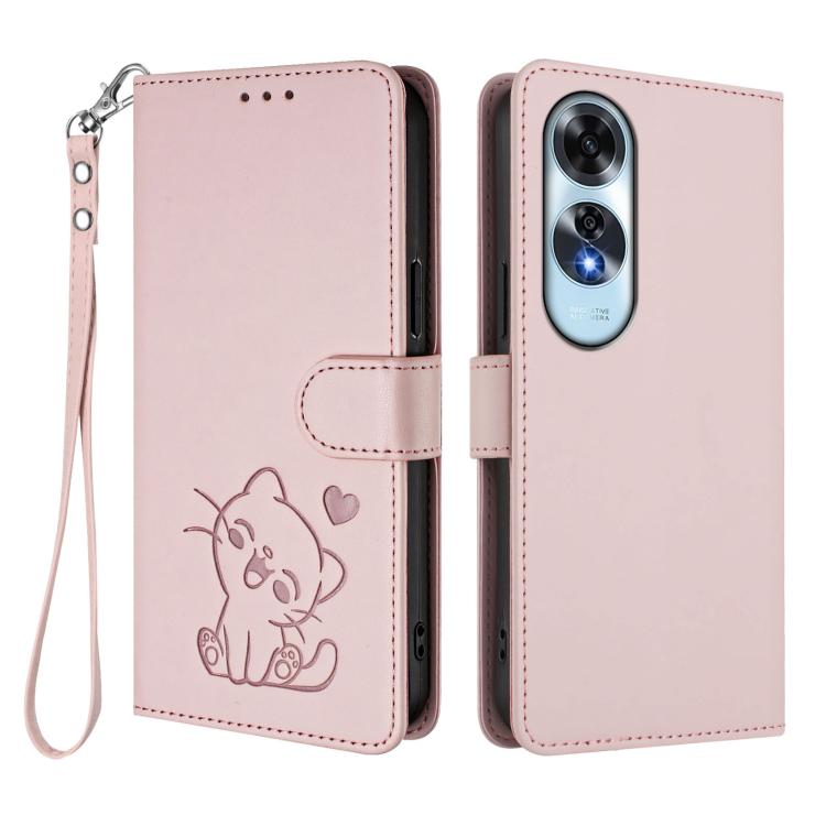 For OPPO A60 4G Global Embossed Heart Cat Leather Phone Case with Hand Strap