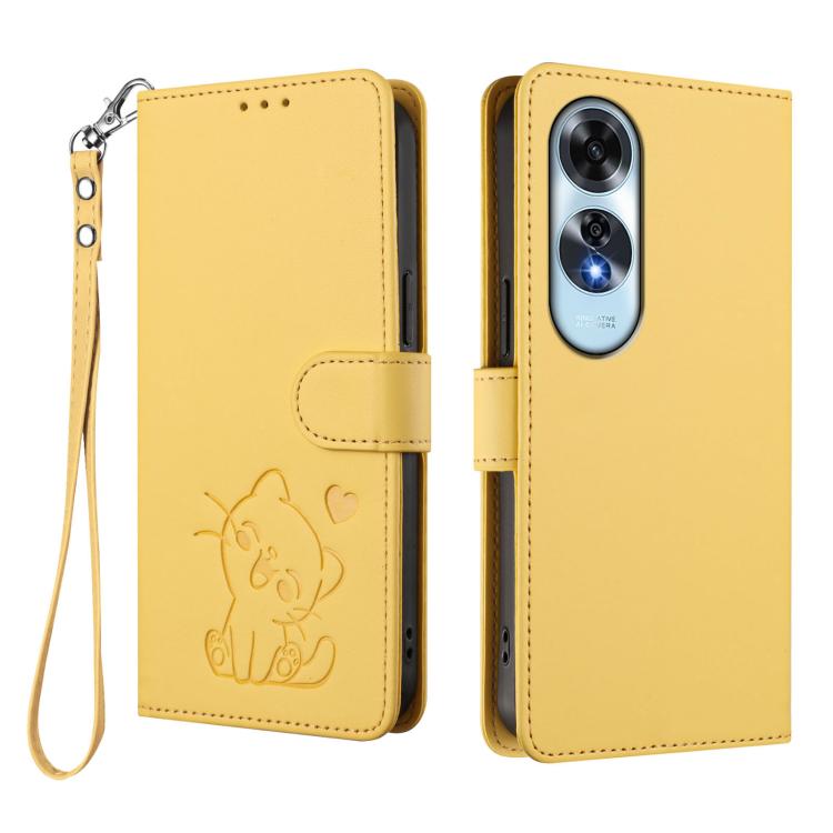 For OPPO A60 4G Global Embossed Heart Cat Leather Phone Case with Hand Strap