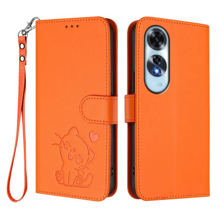 For OPPO A60 4G Global Embossed Heart Cat Leather Phone Case with Hand Strap