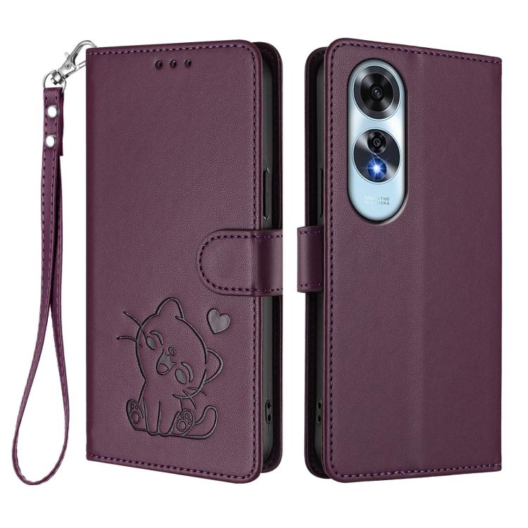 For OPPO A60 4G Global Embossed Heart Cat Leather Phone Case with Hand Strap