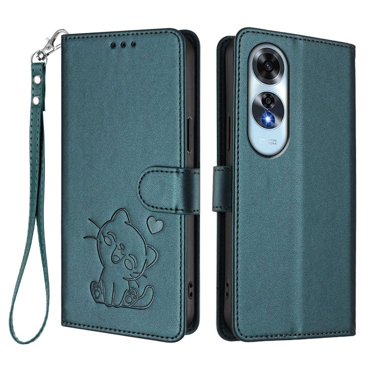 For OPPO A60 4G Global Embossed Heart Cat Leather Phone Case with Hand Strap