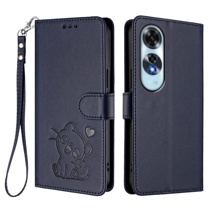For OPPO A60 4G Global Embossed Heart Cat Leather Phone Case with Hand Strap