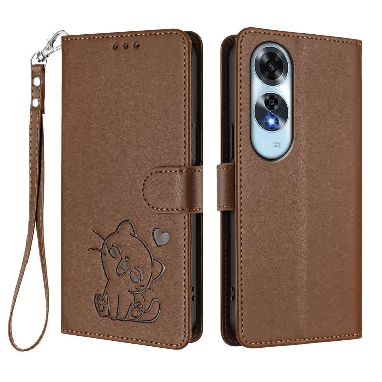 For OPPO A60 4G Global Embossed Heart Cat Leather Phone Case with Hand Strap