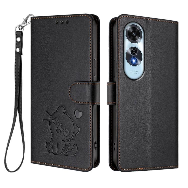 For OPPO A60 4G Global Embossed Heart Cat Leather Phone Case with Hand Strap