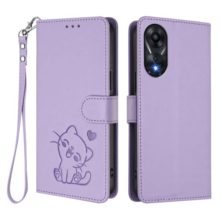 For OPPO A78 4G Global Embossed Heart Cat Leather Phone Case with Hand Strap