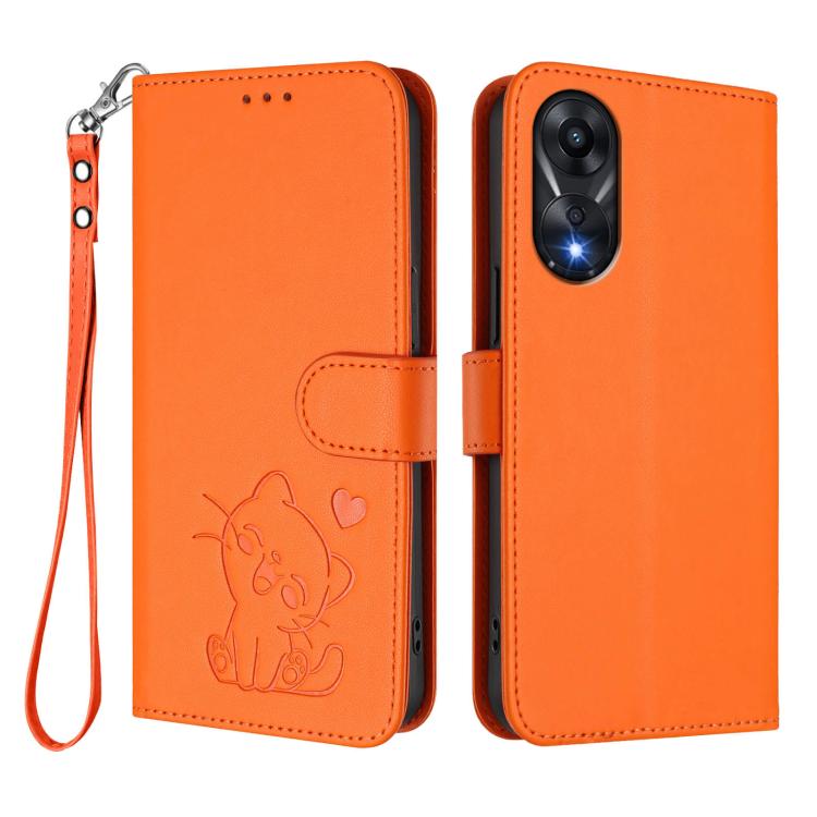 For OPPO A78 4G Global Embossed Heart Cat Leather Phone Case with Hand Strap
