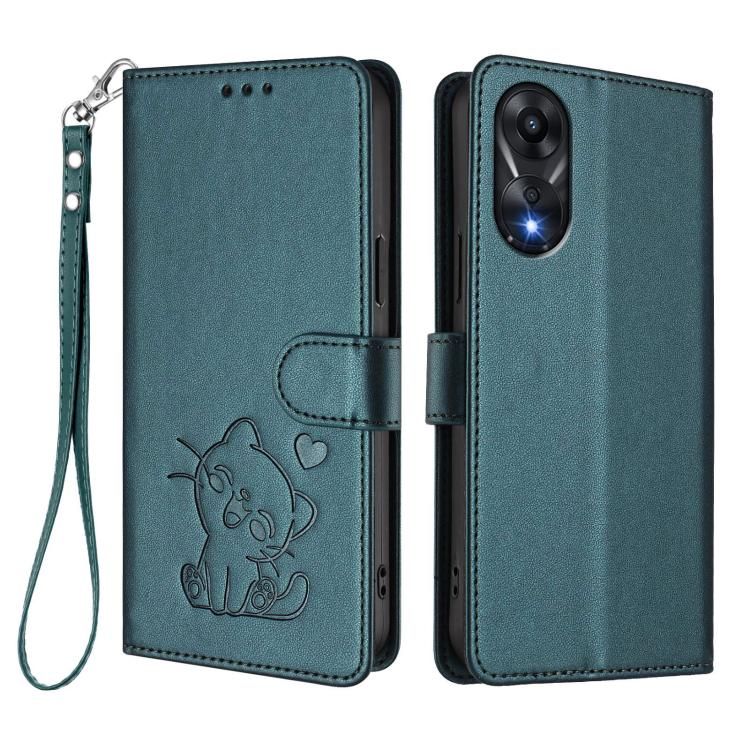 For OPPO A78 4G Global Embossed Heart Cat Leather Phone Case with Hand Strap