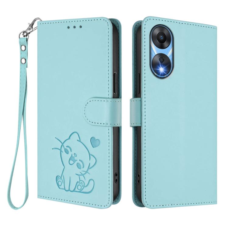 For OPPO A78 5G Global / A1x 5G Embossed Heart Cat Leather Phone Case with Hand Strap
