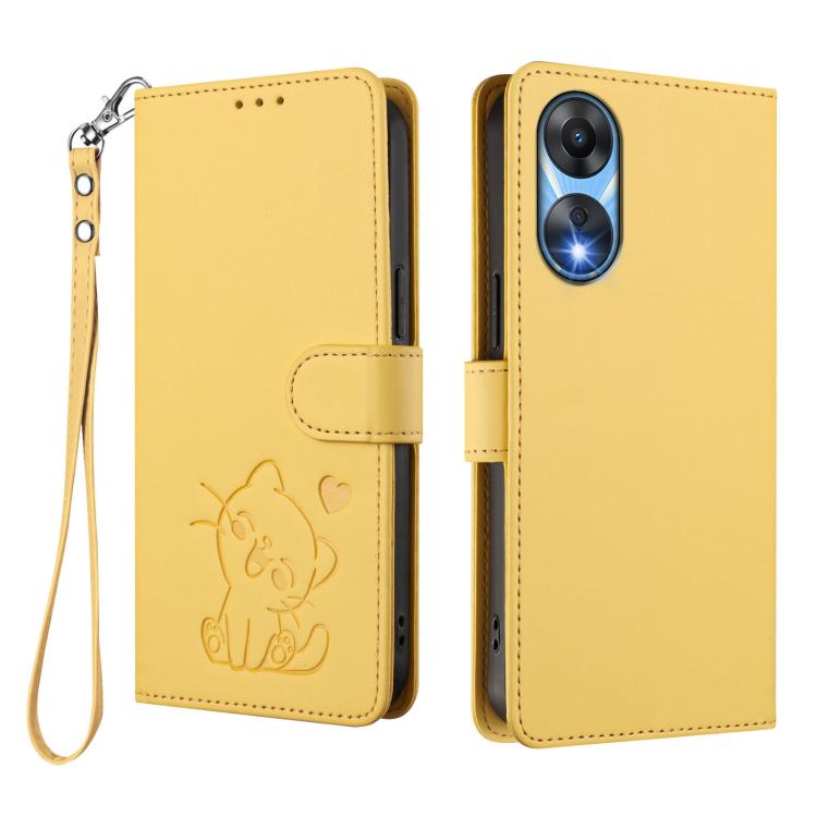 For OPPO A78 5G Global / A1x 5G Embossed Heart Cat Leather Phone Case with Hand Strap