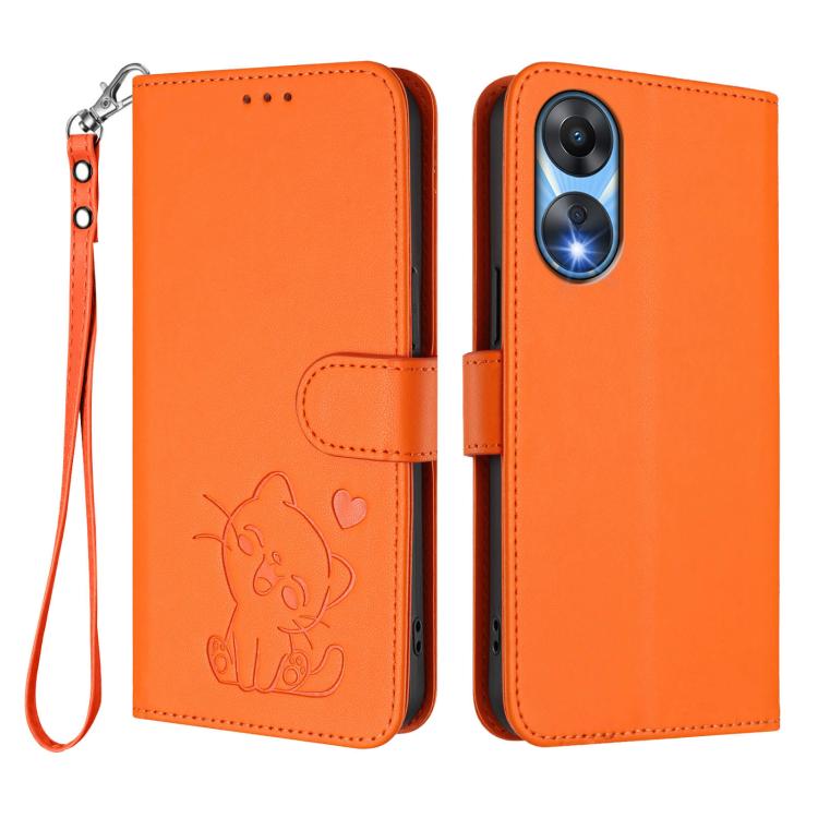 For OPPO A78 5G Global / A1x 5G Embossed Heart Cat Leather Phone Case with Hand Strap