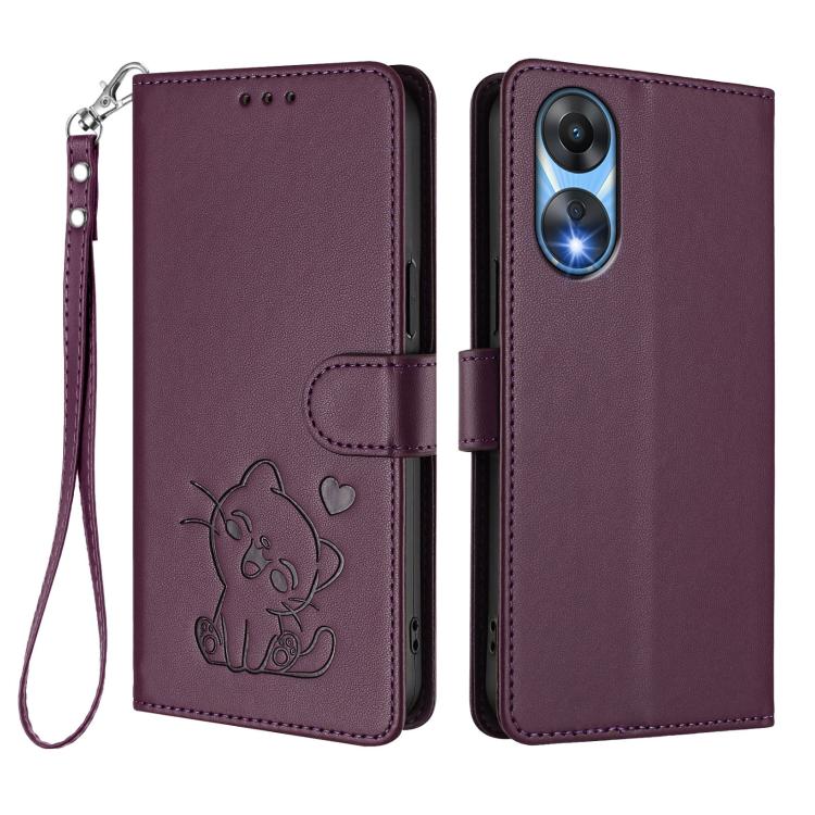For OPPO A78 5G Global / A1x 5G Embossed Heart Cat Leather Phone Case with Hand Strap