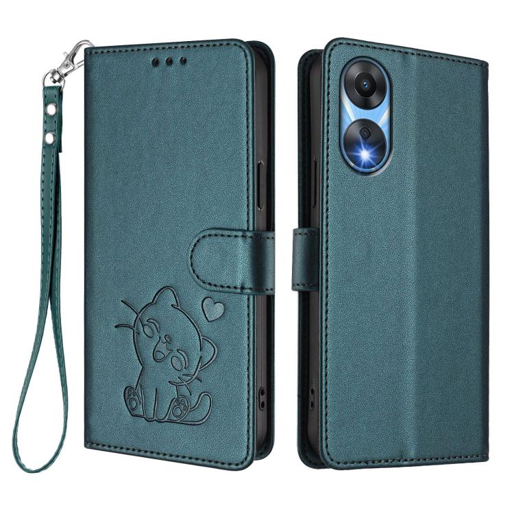 For OPPO A78 5G Global / A1x 5G Embossed Heart Cat Leather Phone Case with Hand Strap