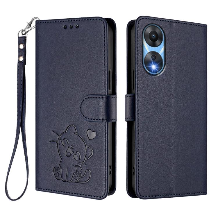 For OPPO A78 5G Global / A1x 5G Embossed Heart Cat Leather Phone Case with Hand Strap