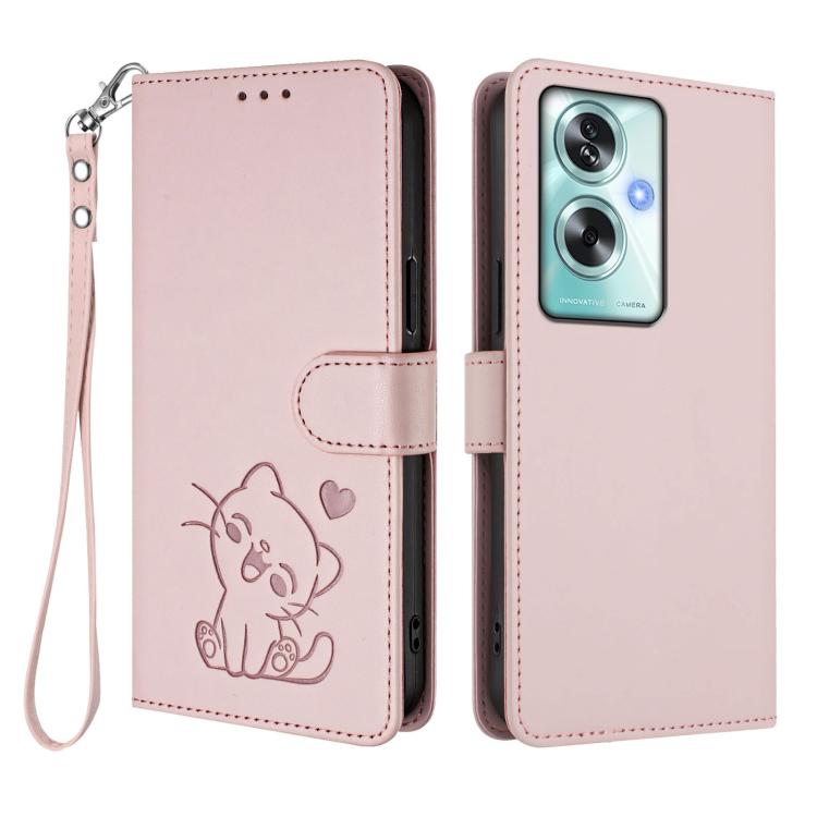 For OPPO A79 5G Global Embossed Heart Cat Leather Phone Case with Hand Strap