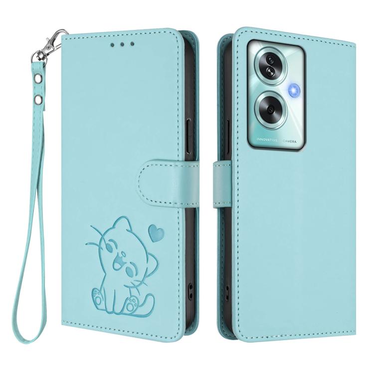 For OPPO A79 5G Global Embossed Heart Cat Leather Phone Case with Hand Strap