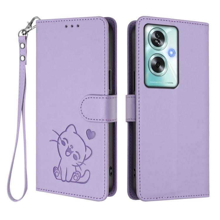 For OPPO A79 5G Global Embossed Heart Cat Leather Phone Case with Hand Strap