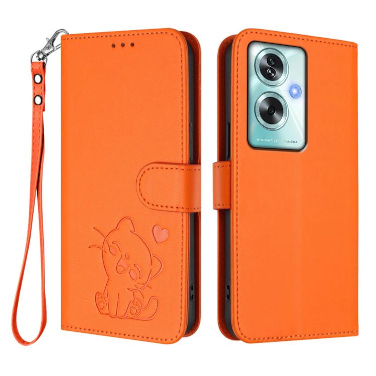 For OPPO A79 5G Global Embossed Heart Cat Leather Phone Case with Hand Strap