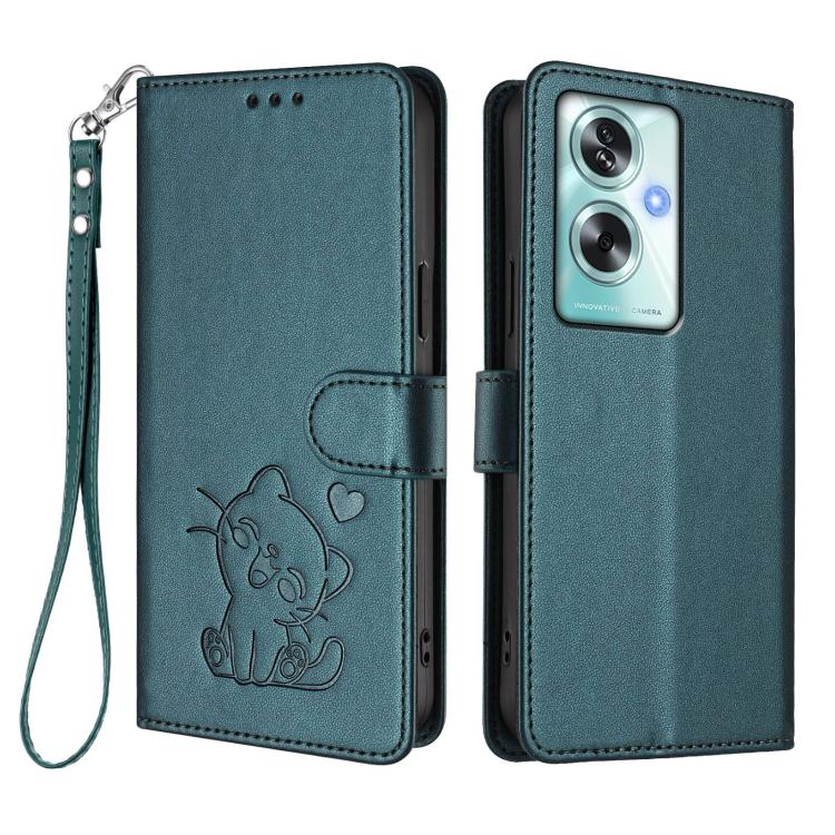 For OPPO A79 5G Global Embossed Heart Cat Leather Phone Case with Hand Strap