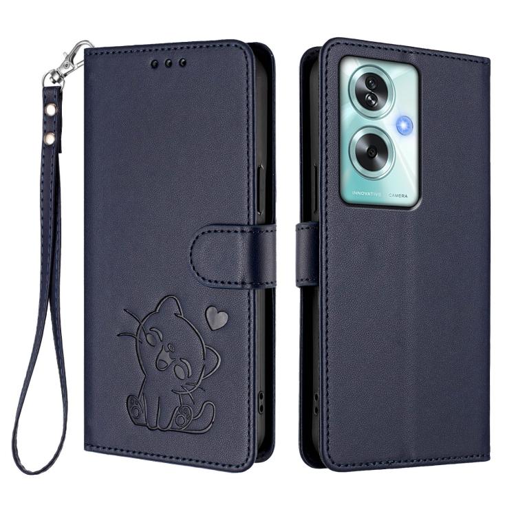 For OPPO A79 5G Global Embossed Heart Cat Leather Phone Case with Hand Strap