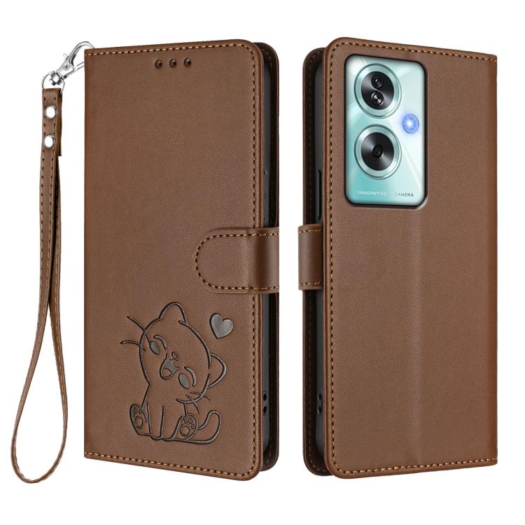 For OPPO A79 5G Global Embossed Heart Cat Leather Phone Case with Hand Strap