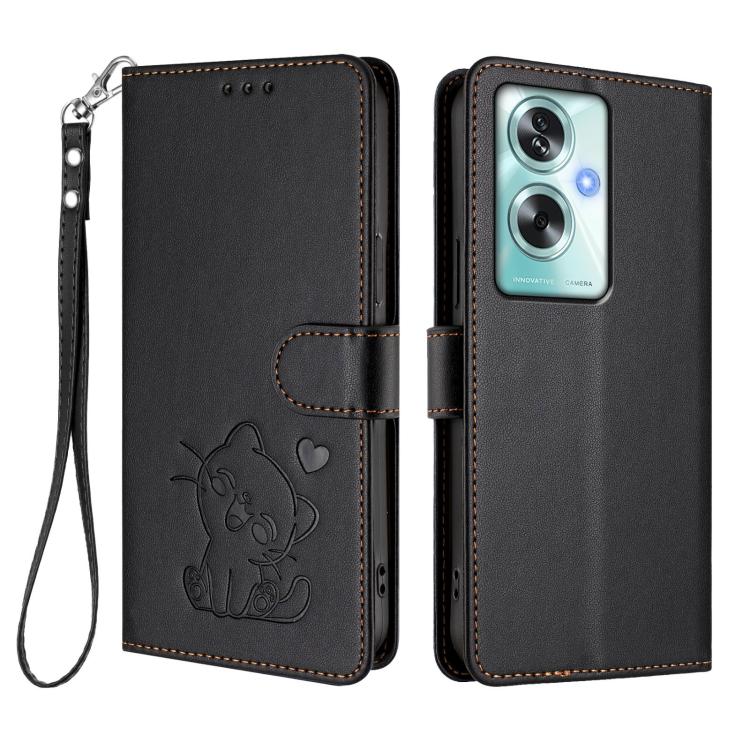 For OPPO A79 5G Global Embossed Heart Cat Leather Phone Case with Hand Strap