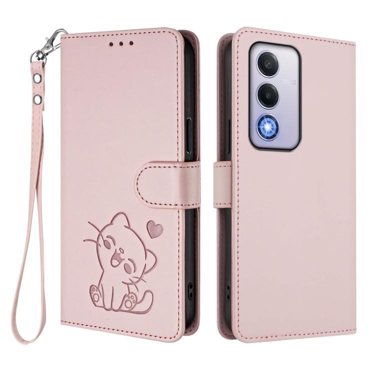 For OPPO A80 5G EU / K12x 5G Global Embossed Heart Cat Leather Phone Case with Hand Strap