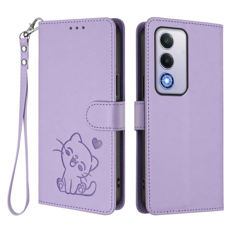 For OPPO A80 5G EU / K12x 5G Global Embossed Heart Cat Leather Phone Case with Hand Strap