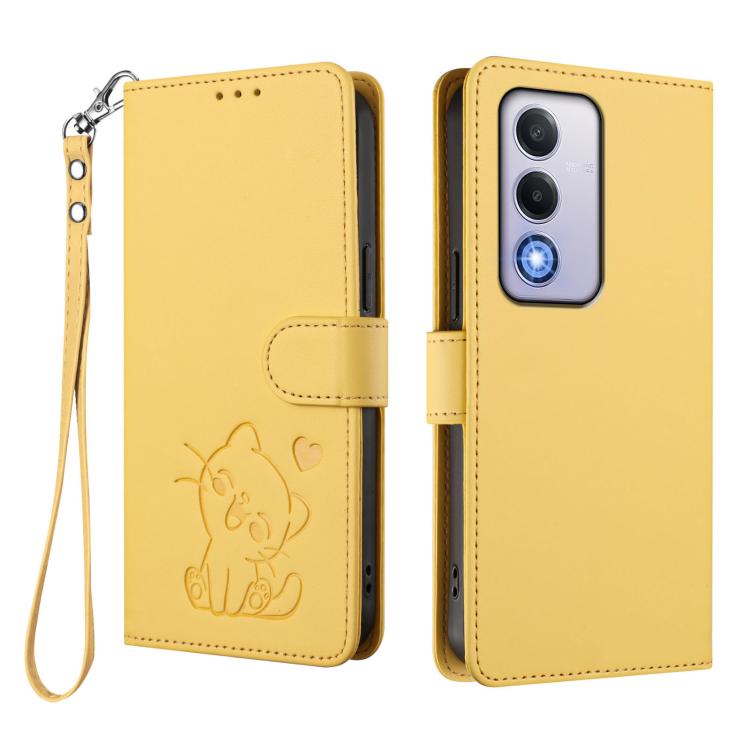 For OPPO A80 5G EU / K12x 5G Global Embossed Heart Cat Leather Phone Case with Hand Strap