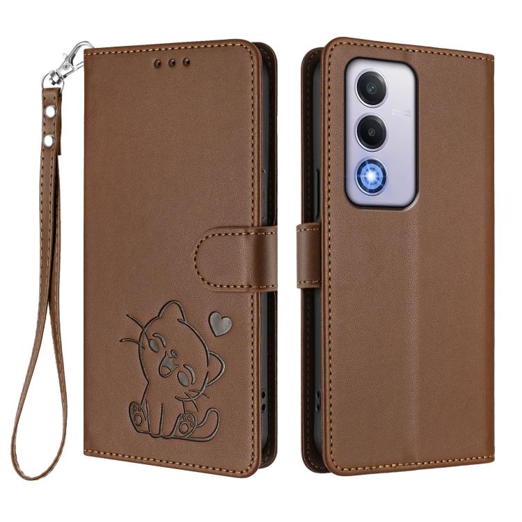 For OPPO A80 5G EU / K12x 5G Global Embossed Heart Cat Leather Phone Case with Hand Strap