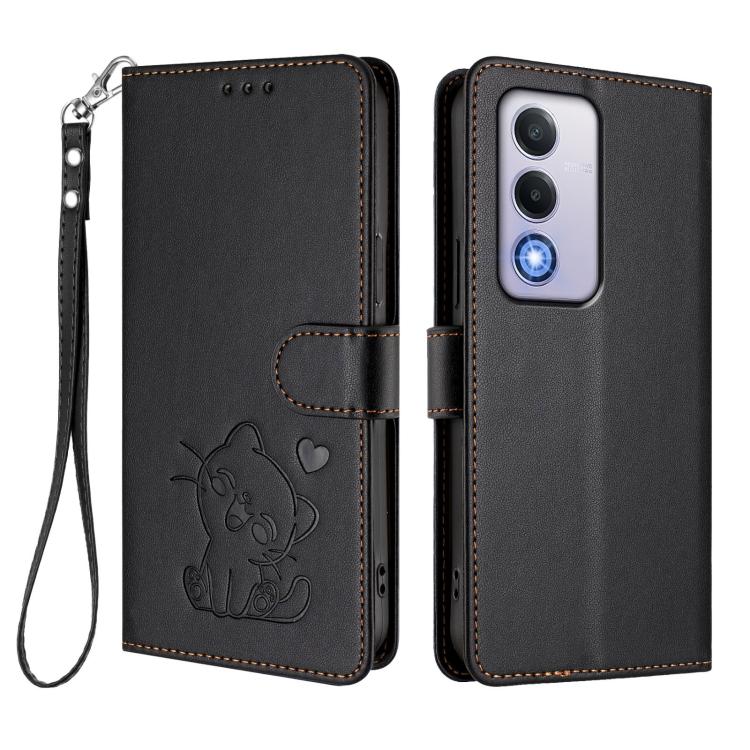 For OPPO A80 5G EU / K12x 5G Global Embossed Heart Cat Leather Phone Case with Hand Strap
