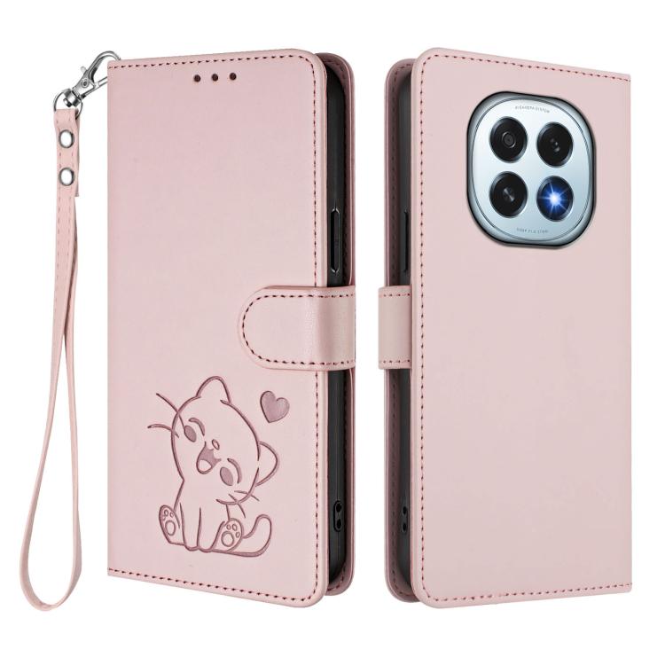 For OPPO F29 5G Global Embossed Heart Cat Leather Phone Case with Hand Strap