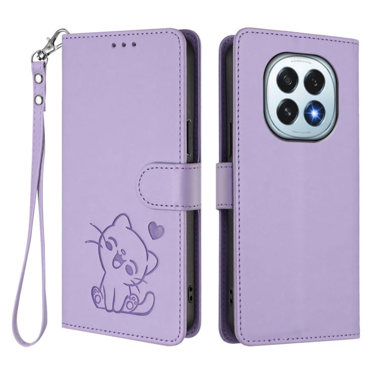 For OPPO F29 5G Global Embossed Heart Cat Leather Phone Case with Hand Strap