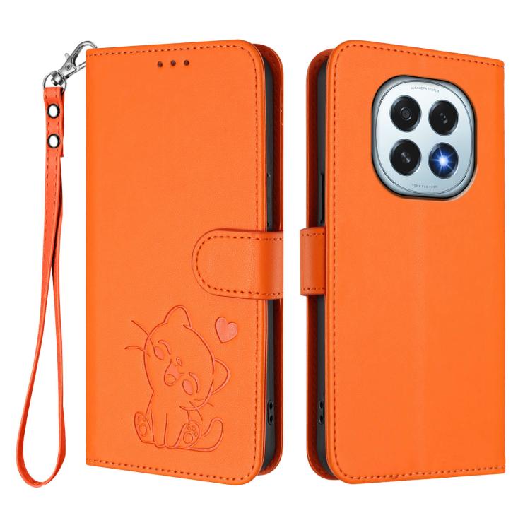 For OPPO F29 5G Global Embossed Heart Cat Leather Phone Case with Hand Strap